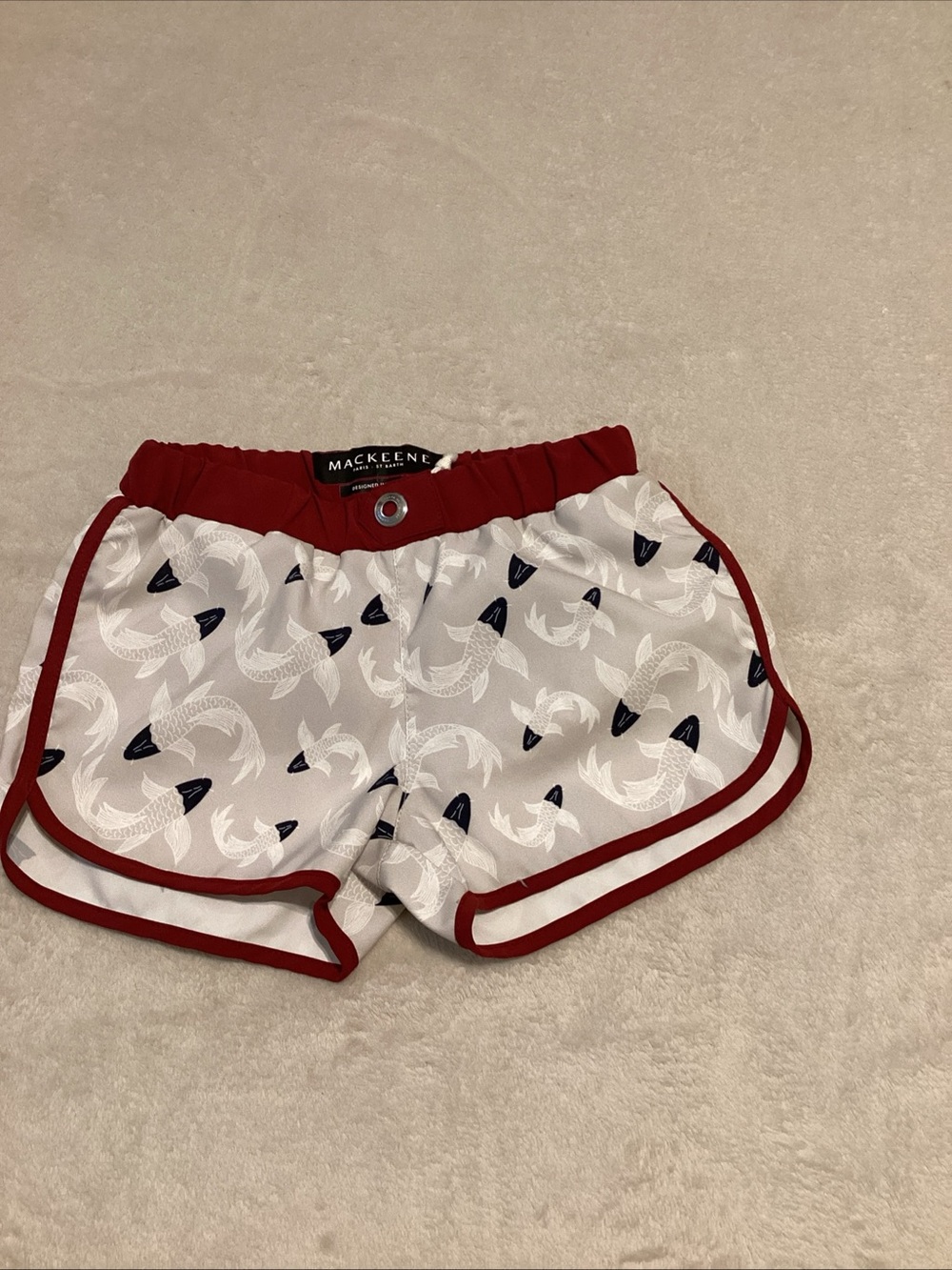 Mackeene White Fish Print Athletic Shorts with Red Trim